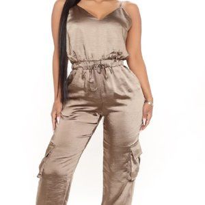 Bombshell Baddie Satin Jumpsuit - Olive